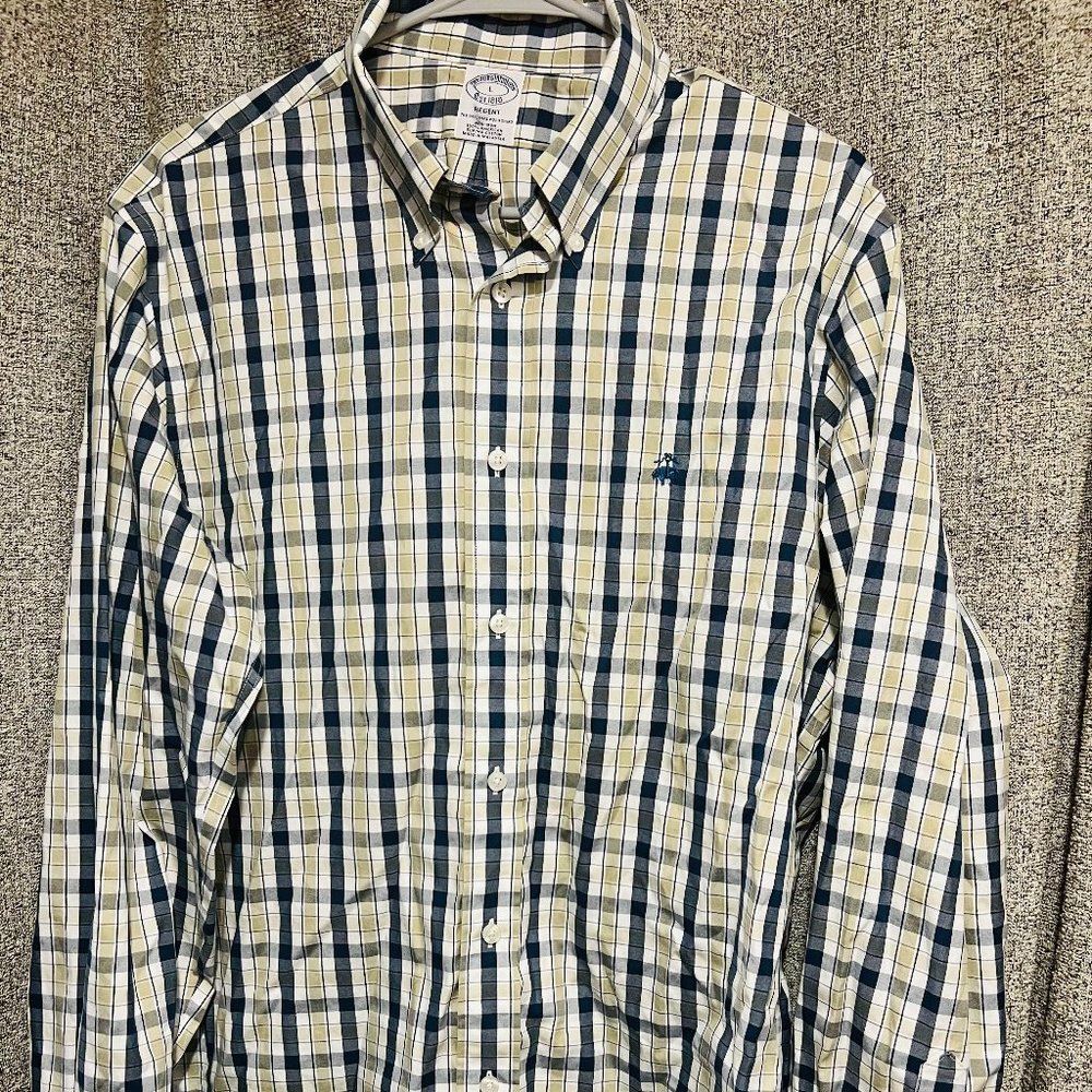 Brooks Brothers Regent Non-Iron Blue and Tan Plaid Long Sleeve Shirt Sz Large